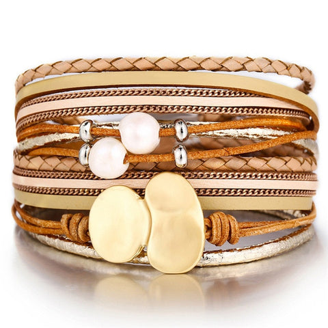 Multilayer Braided Leather Charm Bracelets Femme Vintage Rattan Weave Pearl Ladies Wrap Bangles & Bracelets For Women Pulsera