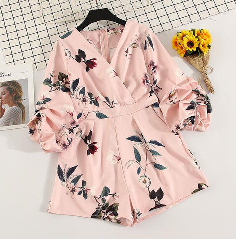 Women's V neck lantern sleeve Print Playsuits Lady's Vintage Spring Summer Wide leg shorts imitation satin Jumpsuits TB687