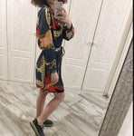 Women's summer print shirt dress long sleeve stand collar waist tie print dress loose chiffon pleated dress large size fashion