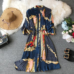 Women's summer print shirt dress long sleeve stand collar waist tie print dress loose chiffon pleated dress large size fashion