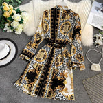 Women's summer print shirt dress long sleeve stand collar waist tie print dress loose chiffon pleated dress large size fashion