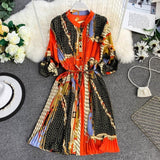 Women's summer print shirt dress long sleeve stand collar waist tie print dress loose chiffon pleated dress large size fashion