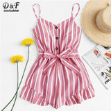 Dotfashion Ruffle Hem Self Tie Waist Striped Rompers Womens 2019 Summer Vacation Sleeveless Spaghetti Strap Mid Waist Playsuit