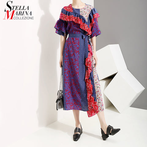 New 2019 Korean Style Women Summer Long Colorful Dress Short-Sleeve Floral Printed Ruffles Female Stylish Party Dress Robe 5150