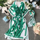 Neploe Print Green Women Dress Summer 2019 Drawstring V-Neck Batwing Sleeve Vestidos Loose Cover Belly Female Dresses 44329